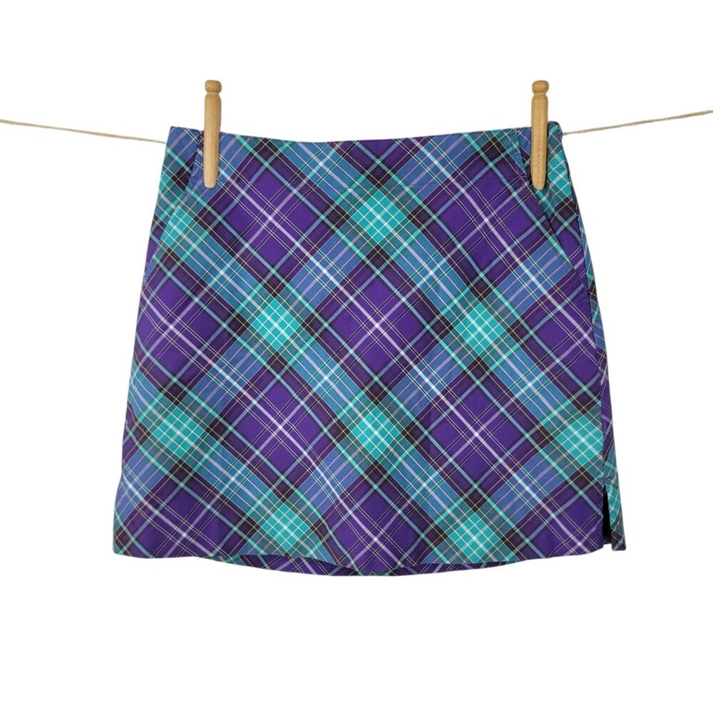 Lady Hagen Skort Size 2 Skirt Shorts Casual Purple Blue Plaid Pockets Golf